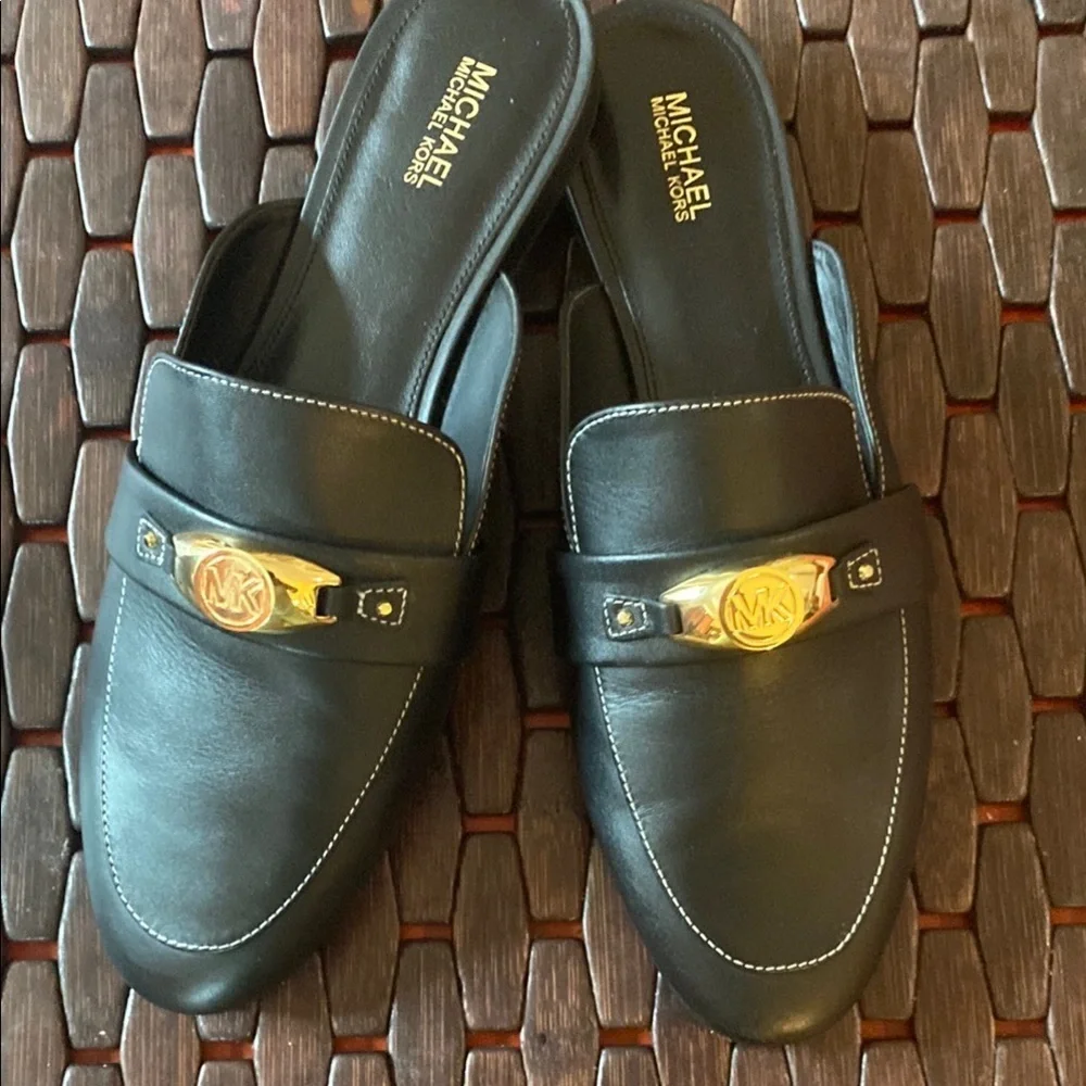 Michael Kors Black Leather Slip-On Shoes with Gold Detail